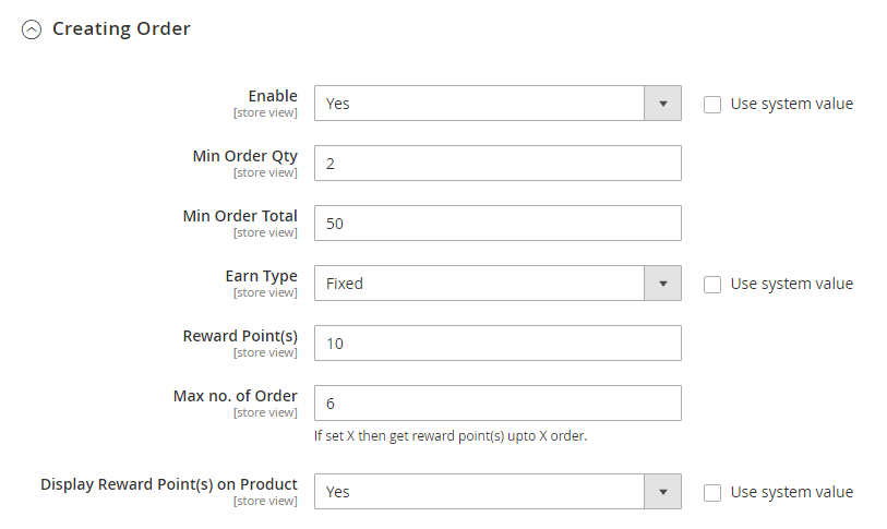 Allow the customers to purchase and receive points for creating order