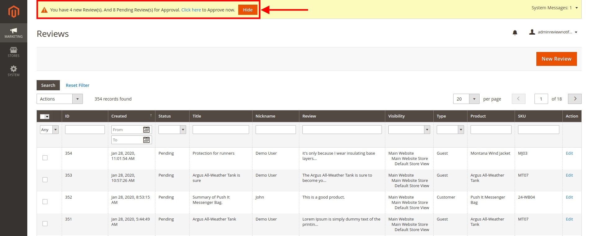 Notified on the Magento Backend