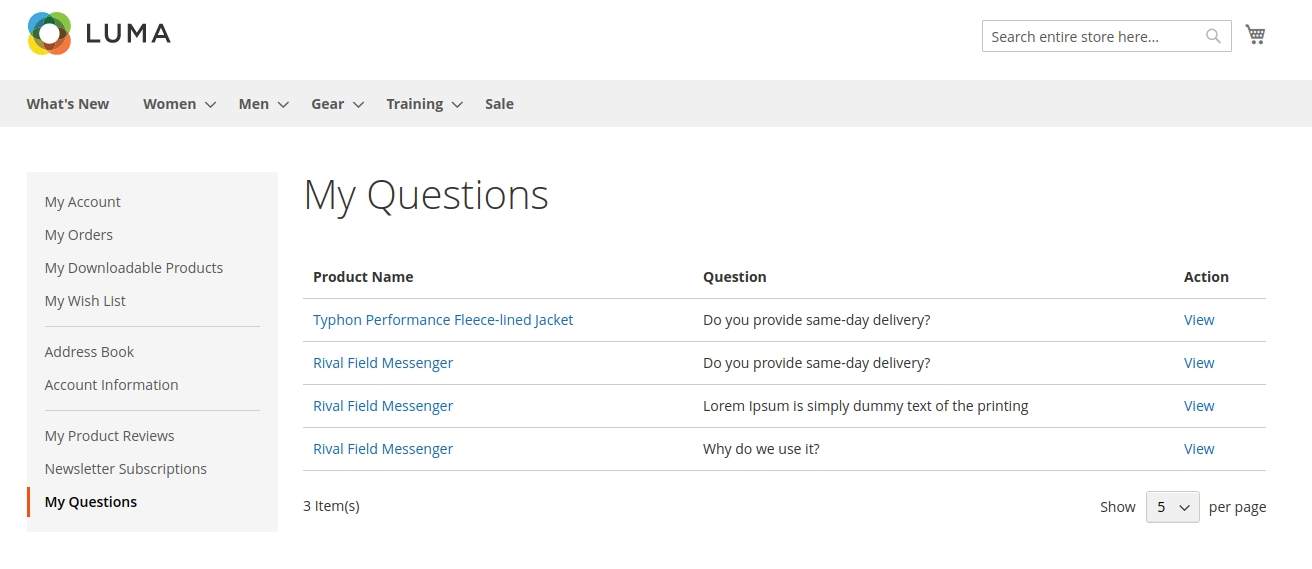 Display questions in My Account Page