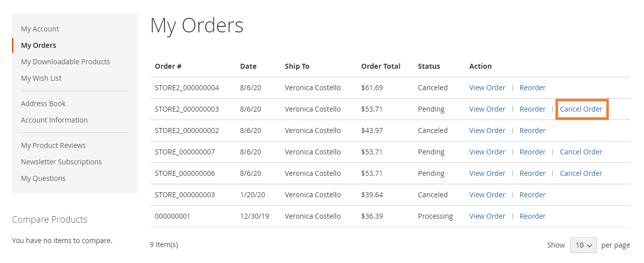Allow customers to cancel an order from the frontend
