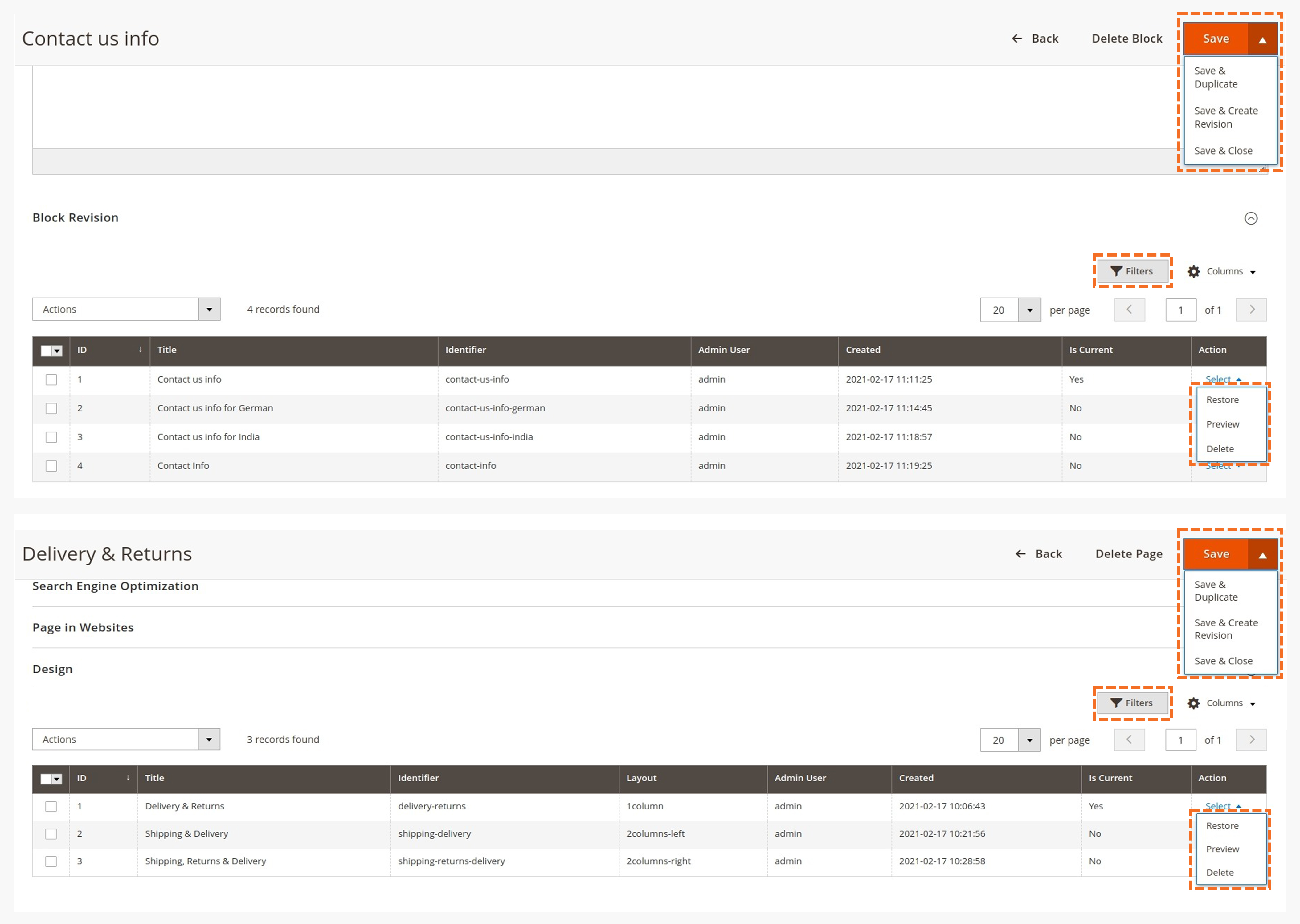 Create/Restore revision with CMS Pages or Blocks