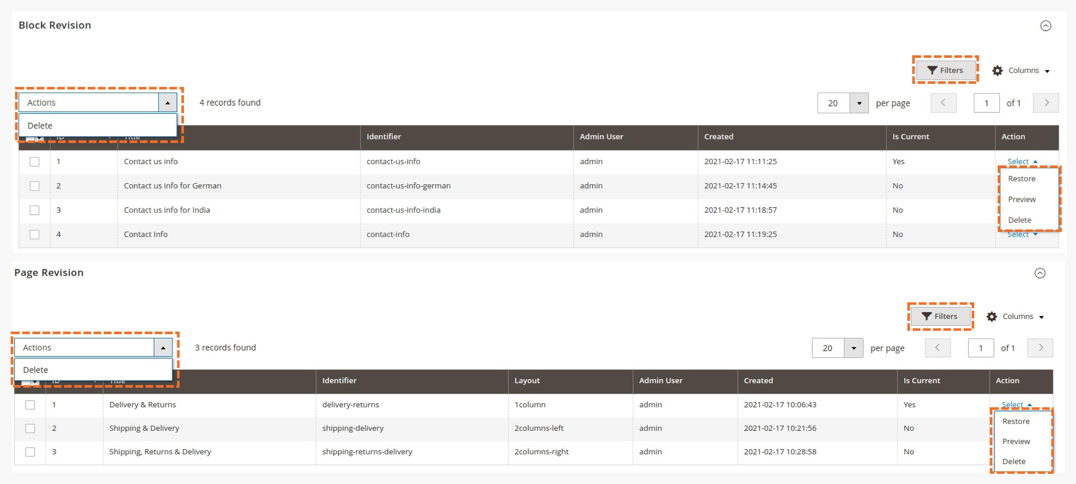 CMS Revision Pages and Blocks with Delete and Preview
