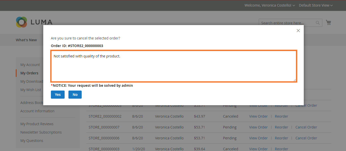 Allow customer to add comments in the confirmation popup