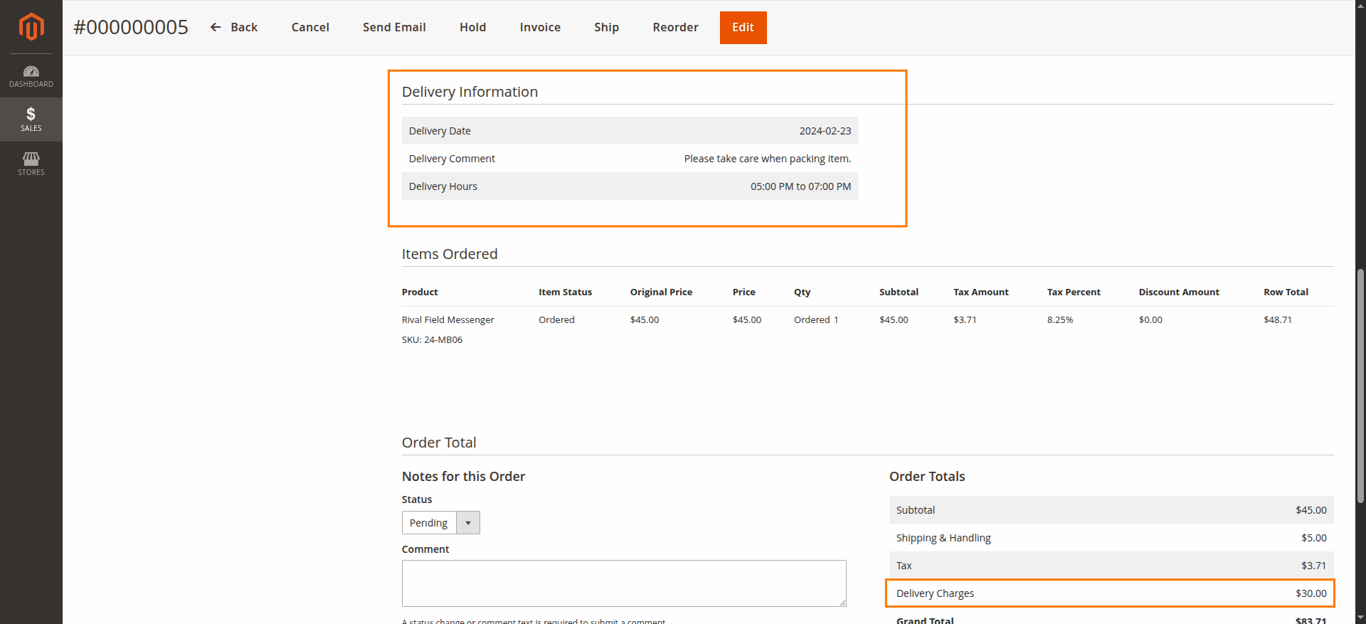 Display Delivery Information on admin order pages