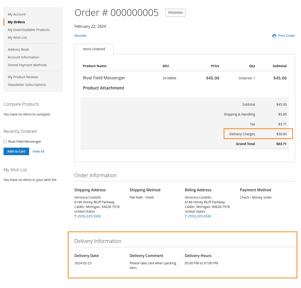 Display Delivery Information on frontend order pages
