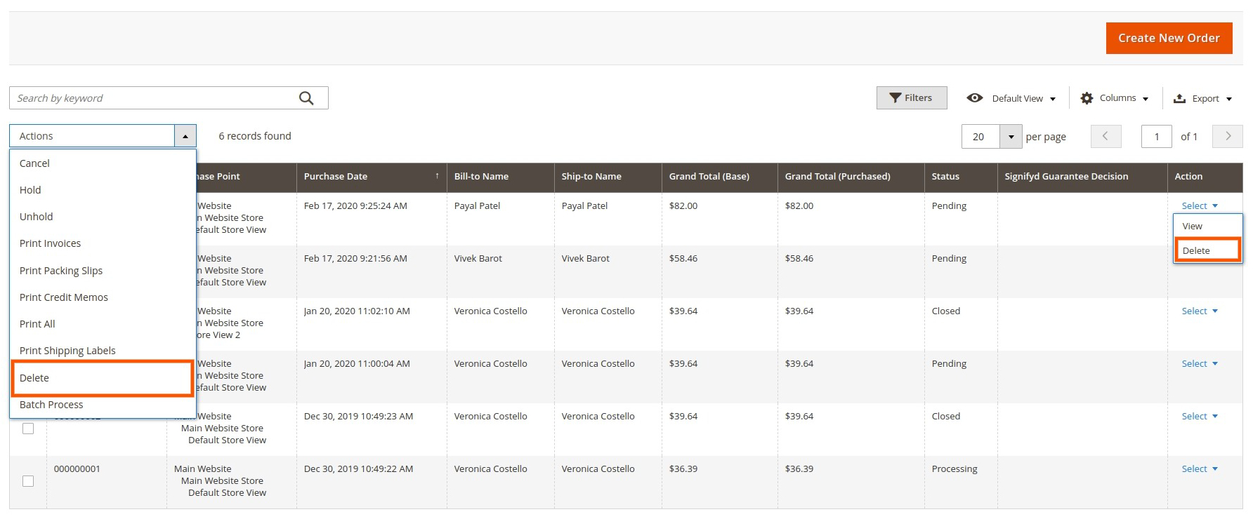 Delete Orders from the Backend