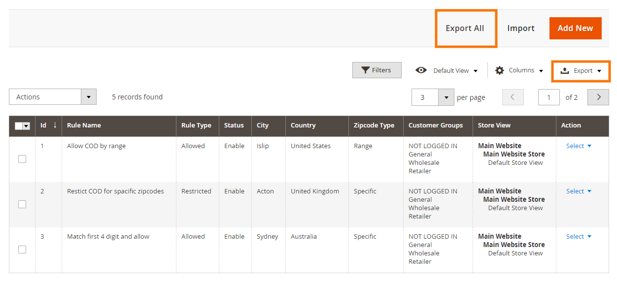 Export Check COD zipcode rule