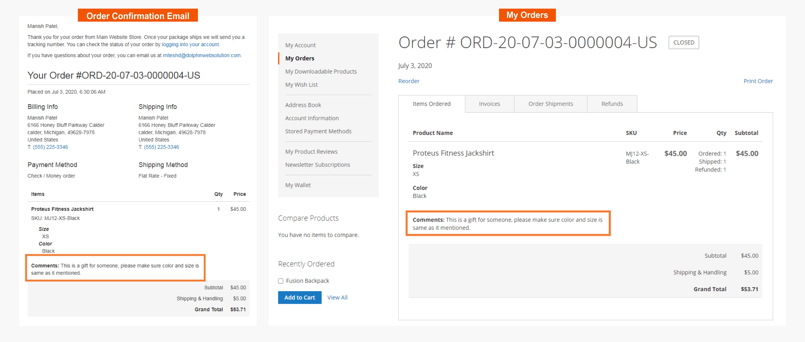 Order-wise comments for Customers