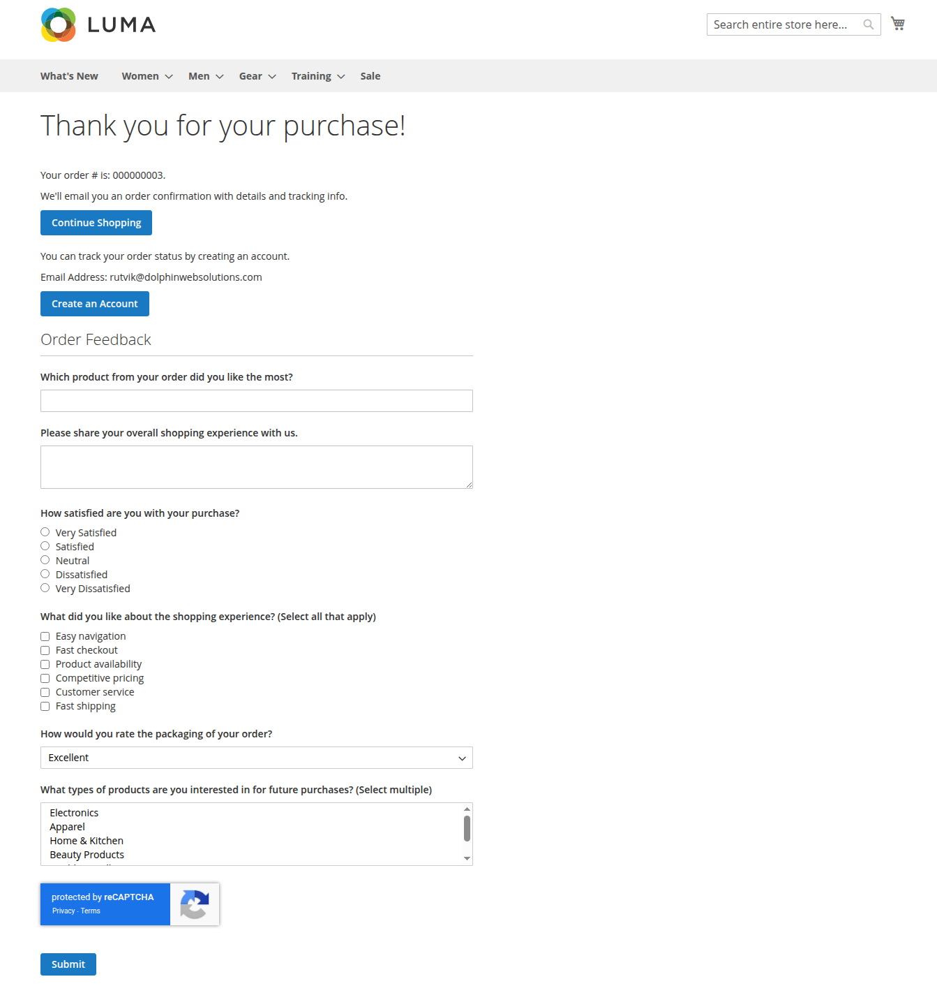 Display on the order success page