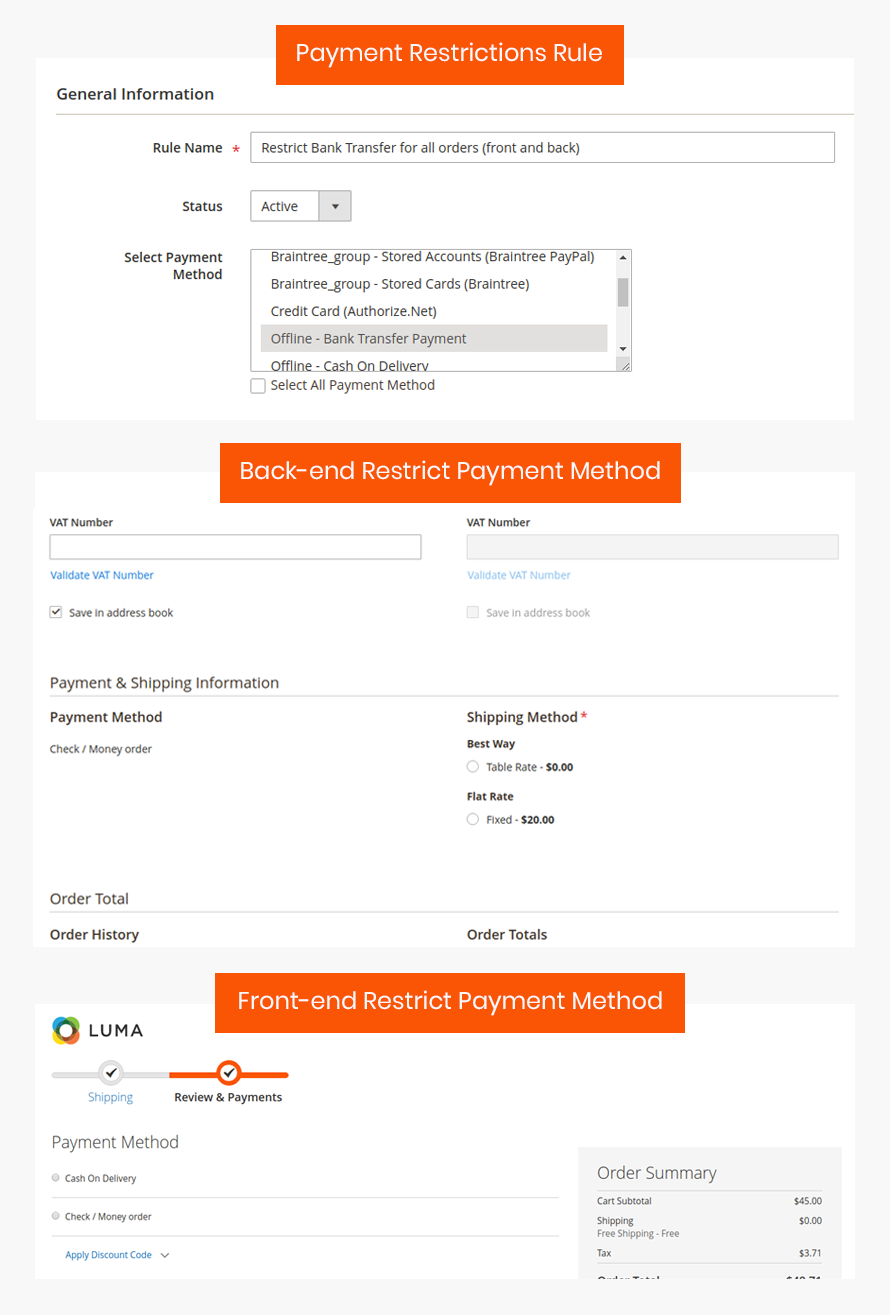 Payment Method Restriction for Either Front-End or Back-end
