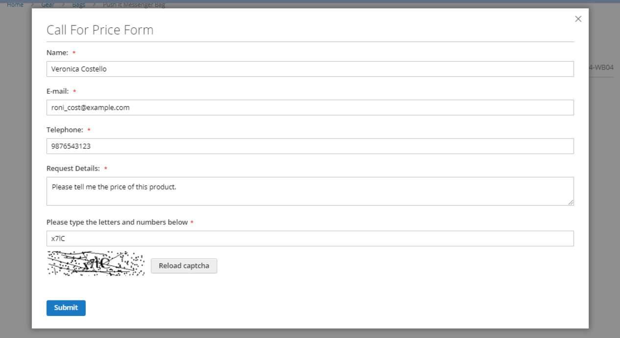 Popup for customers to request for price