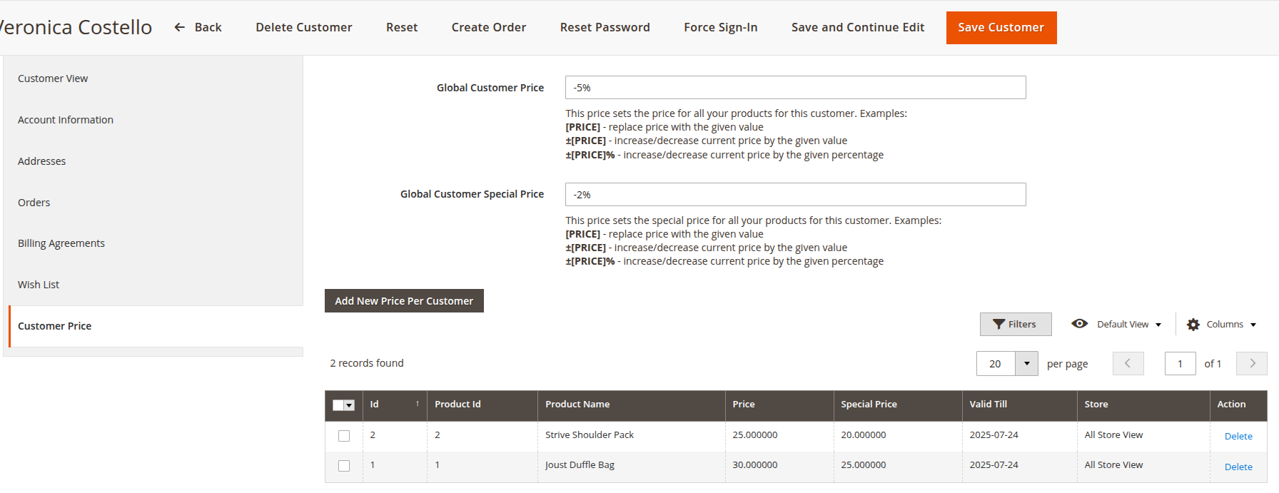 Add Price from the customer form in Admin