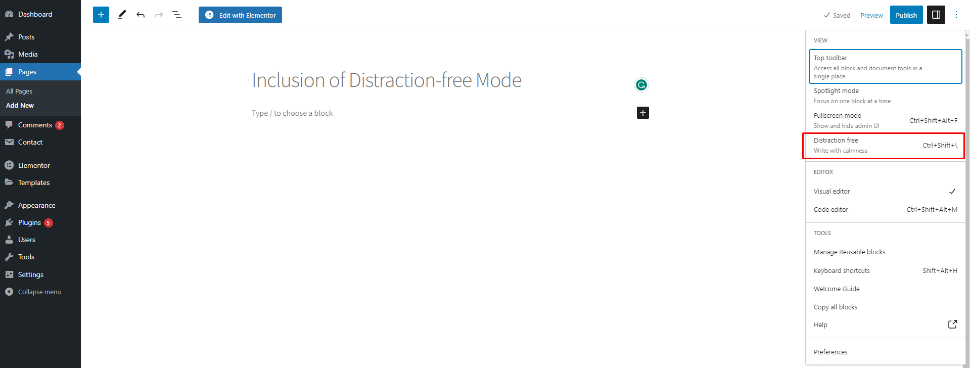 Inclusion of Distraction free Mode